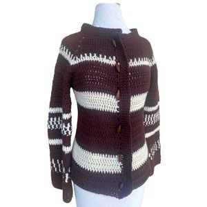 VTG Hand Knit Brown Striped Cardigan Sweater Toggle Buttons S/M Boho 70s